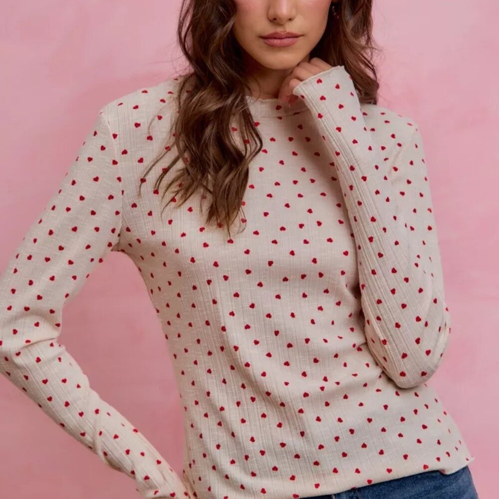 SO ME Ditsy Heart All Over Slub Rib Knit Valentine Top - Picture 4 of 7